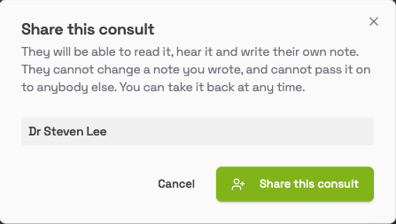 Share this consult window with Dr Steven Lee selected and a Share this consult button