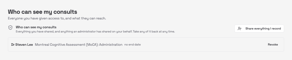 Who can see my consults page listing Dr Steven Lee with one shared consult, no end date, and a Revoke button