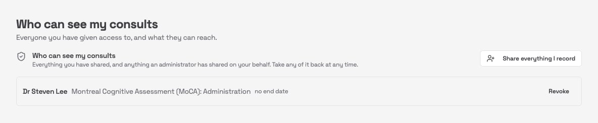 Who can see my consults page listing Dr Steven Lee with one shared consult, no end date, and a Revoke button