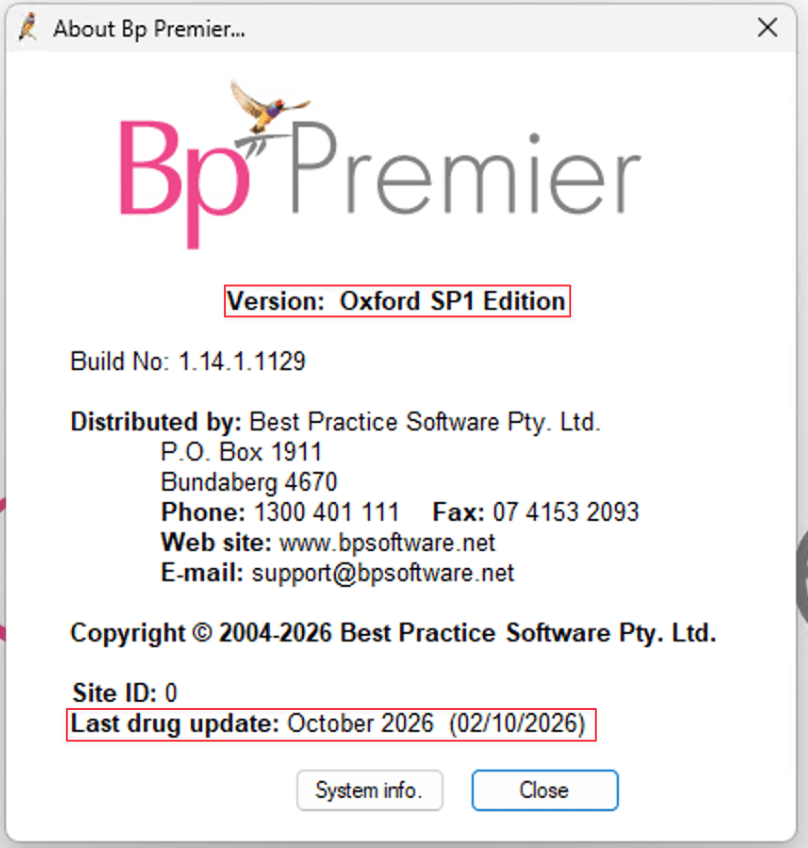 About Bp Premier window showing Version: Oxford SP1 Edition, Build No 1.14.1.1129, and Last drug update: October 2026