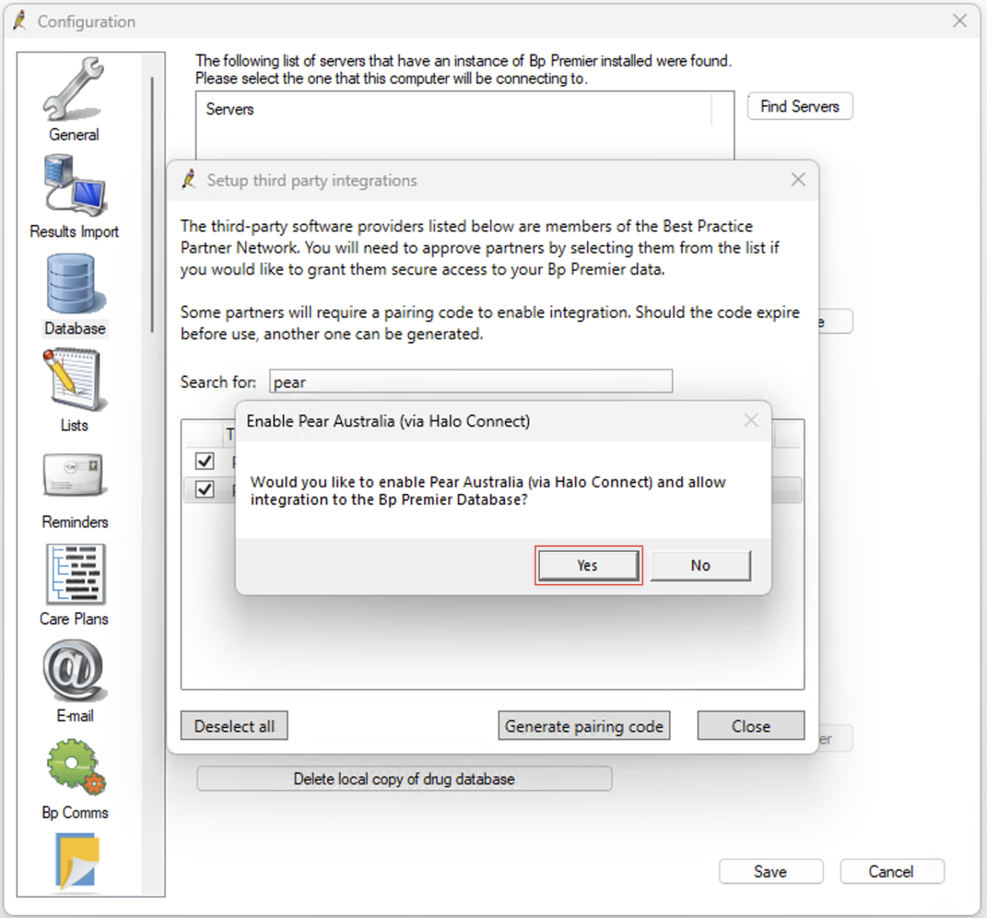 Enable Pear Australia (via Halo Connect) confirmation box with the Yes button highlighted