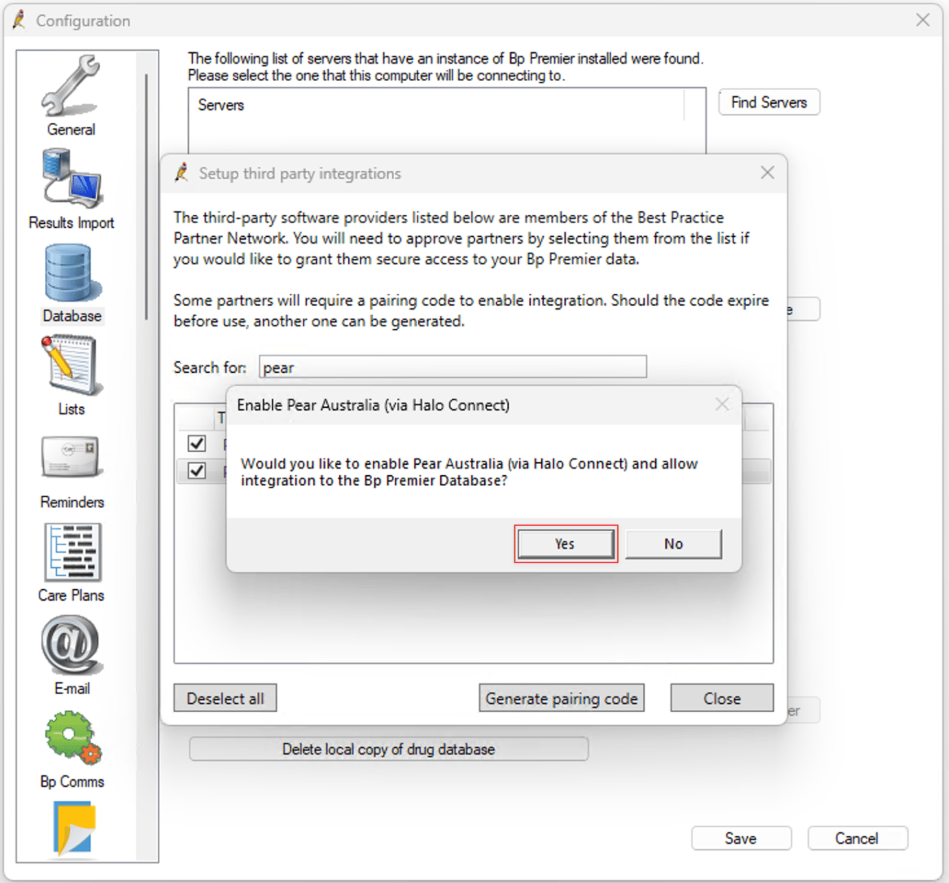 Enable Pear Australia (via Halo Connect) confirmation box with the Yes button highlighted