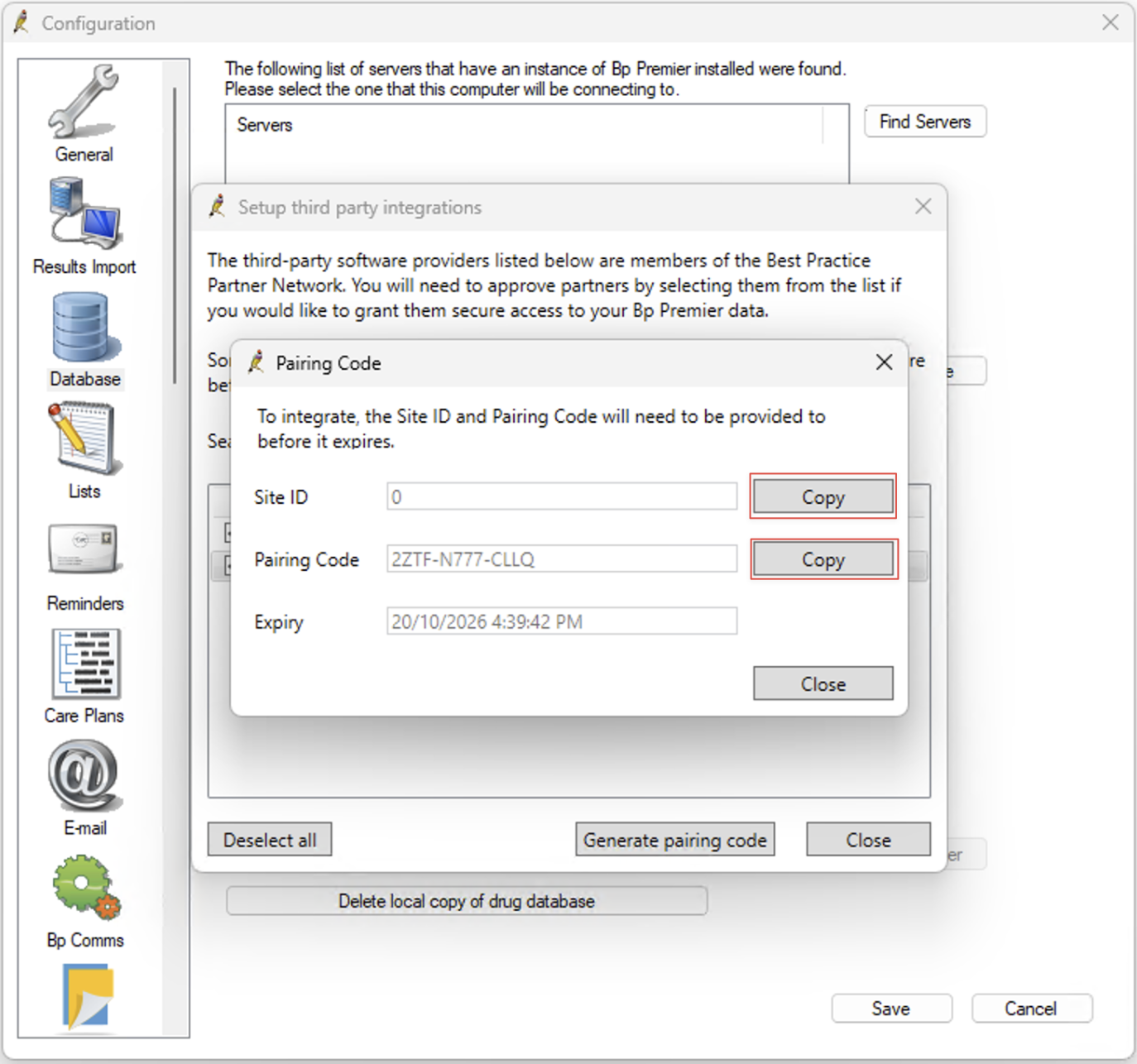 Pairing Code window showing the Site ID, Pairing Code and Expiry fields, each with a Copy button highlighted