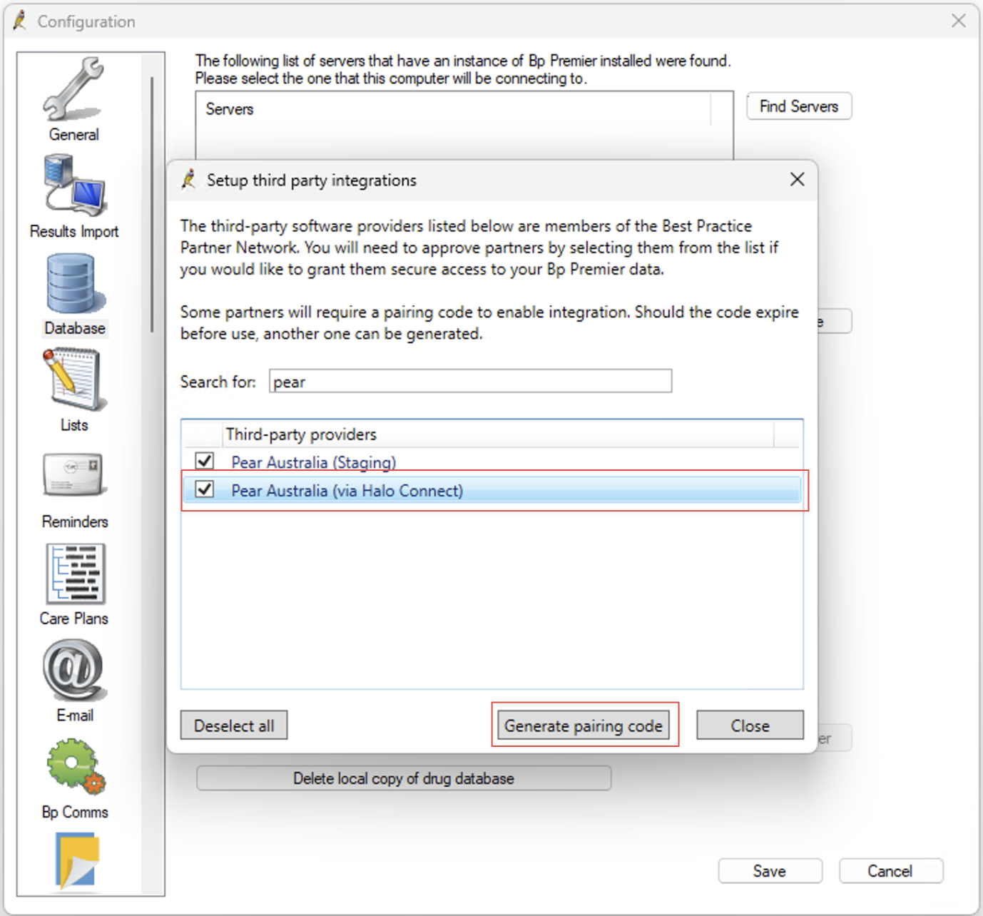 Setup third party integrations window with pear in the search box, Pear Australia (via Halo Connect) ticked, and the Generate pairing code button highlighted