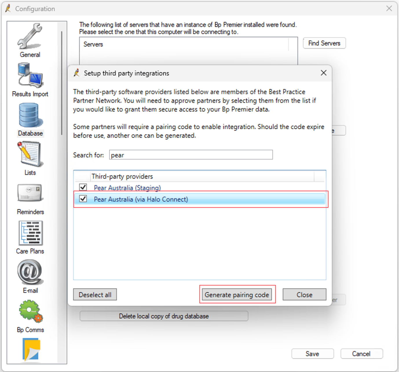 Setup third party integrations window with pear in the search box, Pear Australia (via Halo Connect) ticked, and the Generate pairing code button highlighted