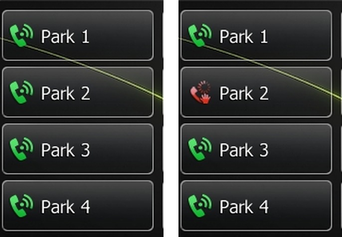 On-screen park keys on a T57 with green icons when free, and Park 2's icon shown red with a parked call
