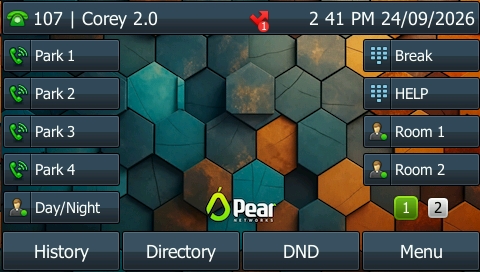 Close-up of the Pear main screen on a T46/T54 showing Park 1 to 4, Day/Night, Break, HELP, Room 1 and Room 2 keys