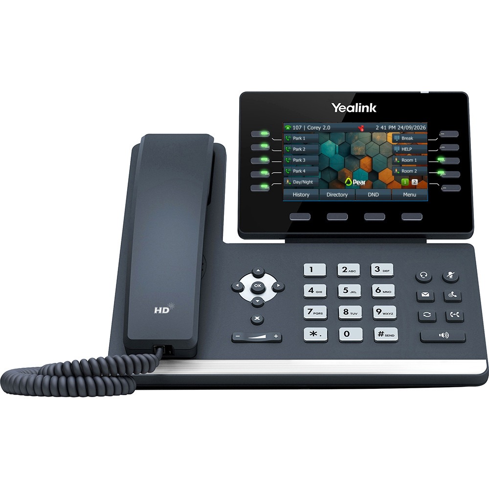 Yealink T54W phone showing the Pear main screen with Park 1 to 4, Day/Night, Break, HELP and Room keys, with green lights on the line keys