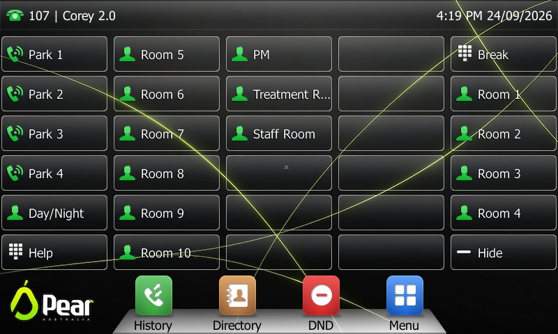 Close-up of the Pear home screen on a T57W showing Park 1 to 4, Day/Night, Help, room speed dials, Break, and Hide keys