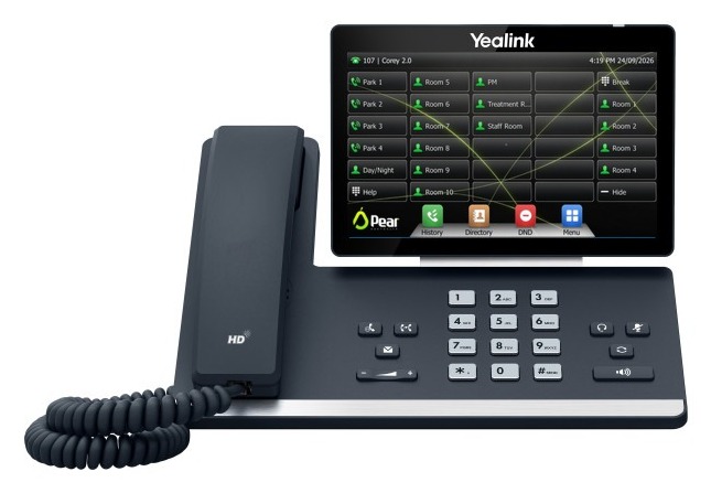 Yealink T57W touch screen phone showing the Pear home screen with park keys, room speed dials, and the bottom menu row