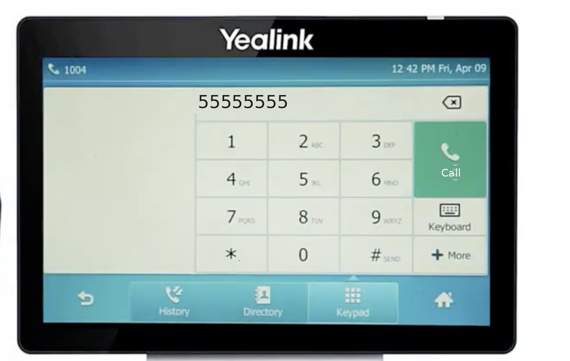 Yealink touch screen dialling view with a number entered and the green Call key on the right