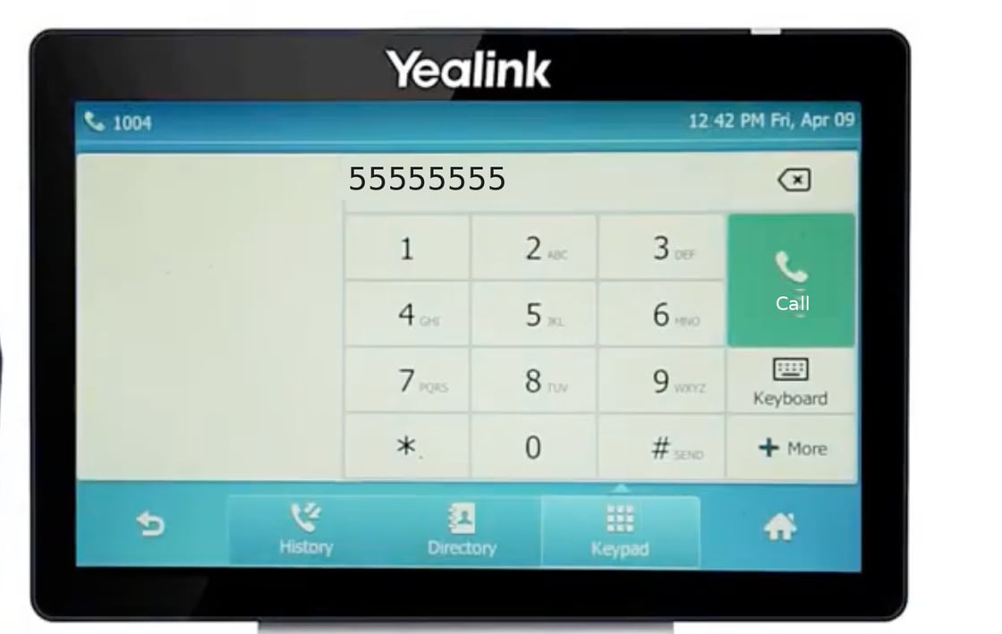 Yealink touch screen dialling view with a number entered and the green Call key on the right