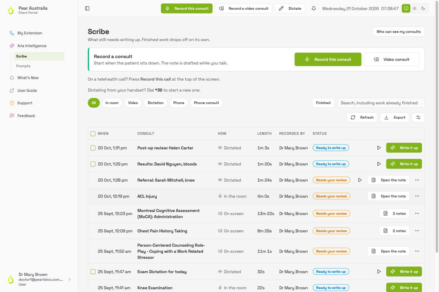 Scribe list showing dictations, in-room and on-screen consults with their length, who recorded them, a Ready to write up or Needs your review status, and Write it up, Open the note and more actions buttons