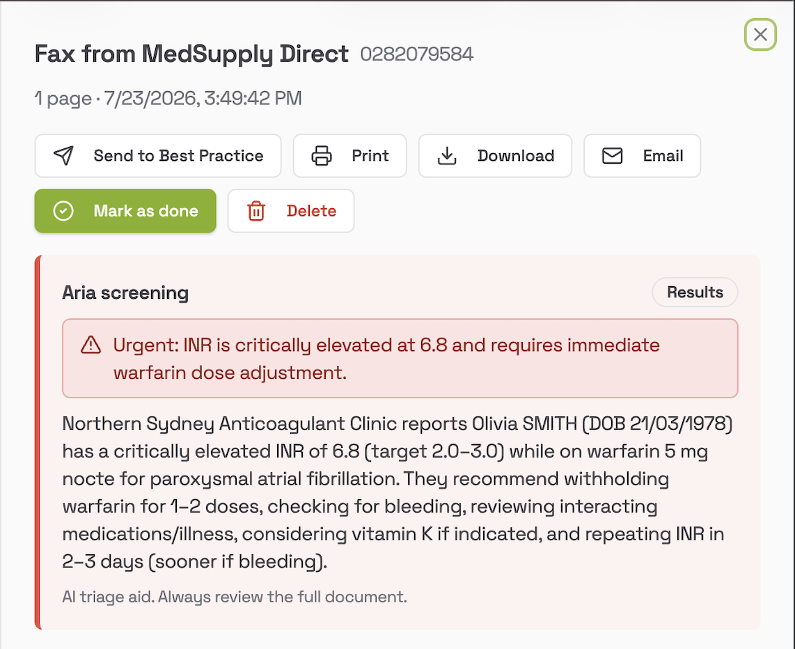 Aria screening section in an opened fax showing an urgent reason, summary and document type