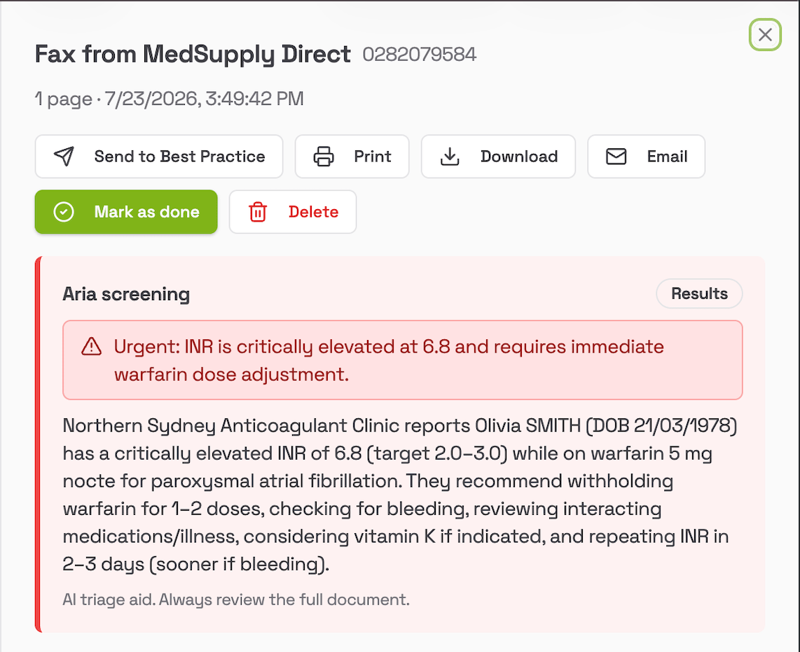 Aria screening section in an opened fax showing an urgent reason, summary and document type