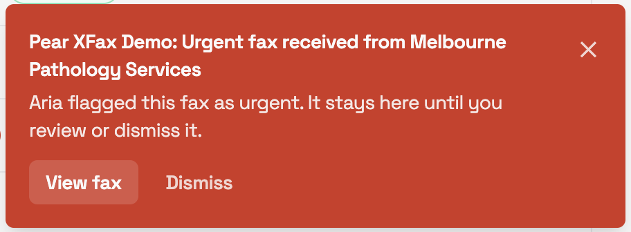 Red urgent fax alert with View fax and Dismiss buttons