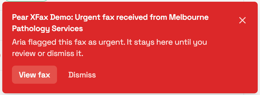 Red urgent fax alert with View fax and Dismiss buttons