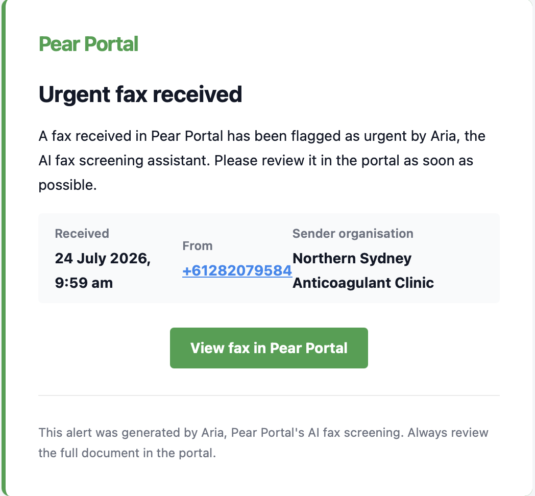 Urgent fax email showing received time, sender number and organisation, and a View fax in Pear Portal button