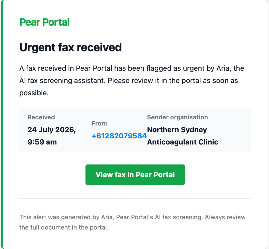 Urgent fax email showing received time, sender number and organisation, and a View fax in Pear Portal button