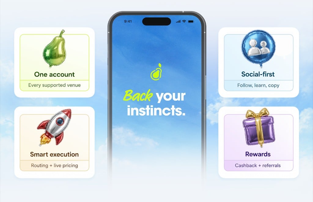 Pear mobile app overview showing one account, smart execution, social-first trading, and rewards