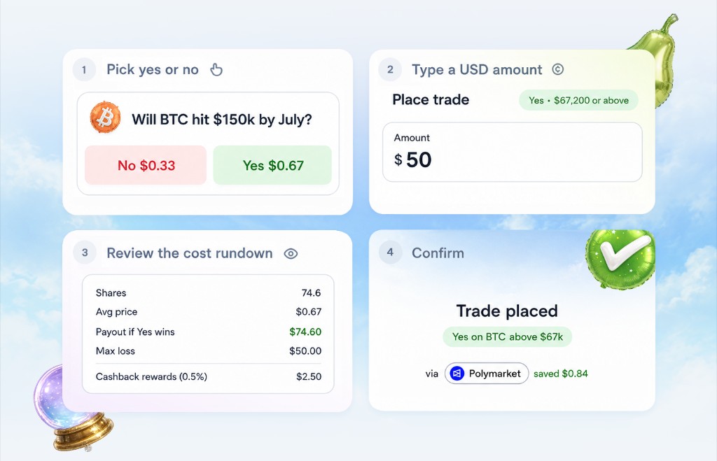 Pear cost rundown showing shares, average price, payout, max loss, cashback reward, and confirmed venue
