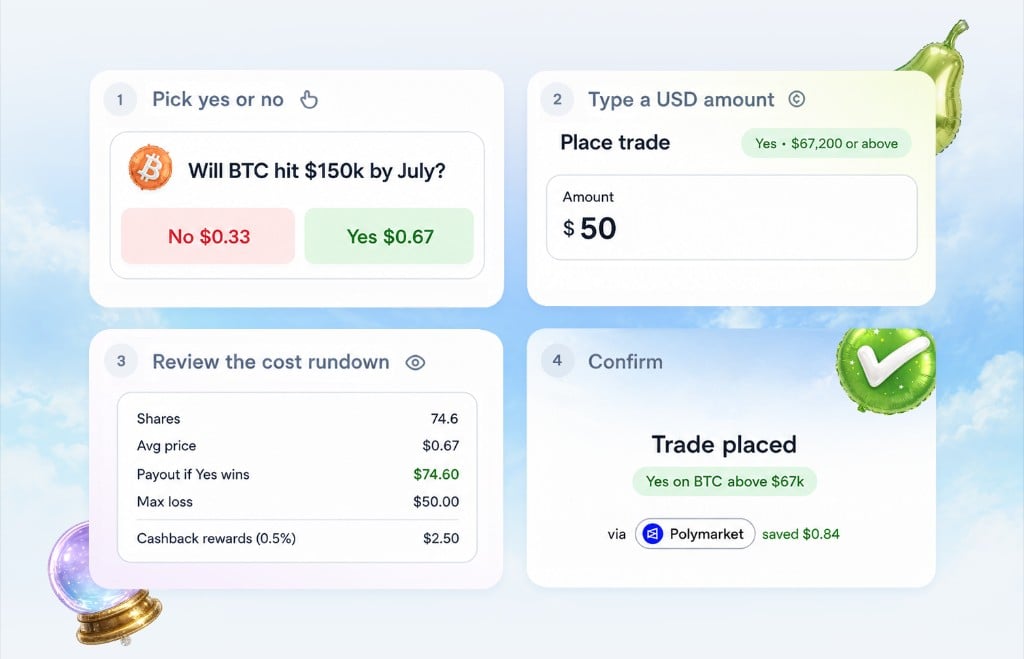 Pear cost rundown showing shares, average price, payout, max loss, cashback reward, and confirmed venue