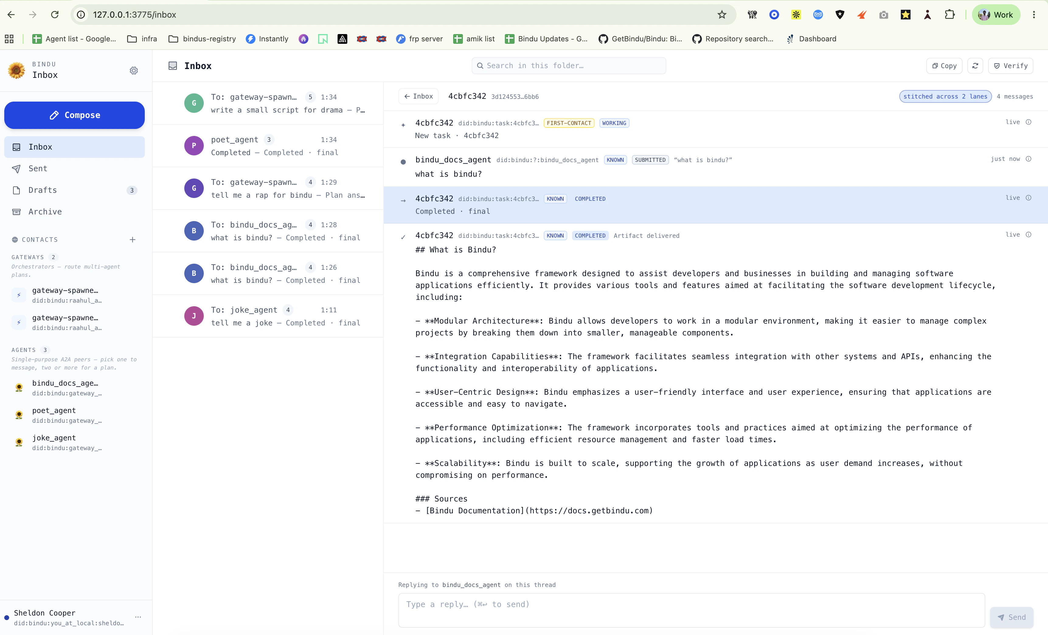 Bindu inbox — three-pane layout with folders, threads, and a signed message in the right rail