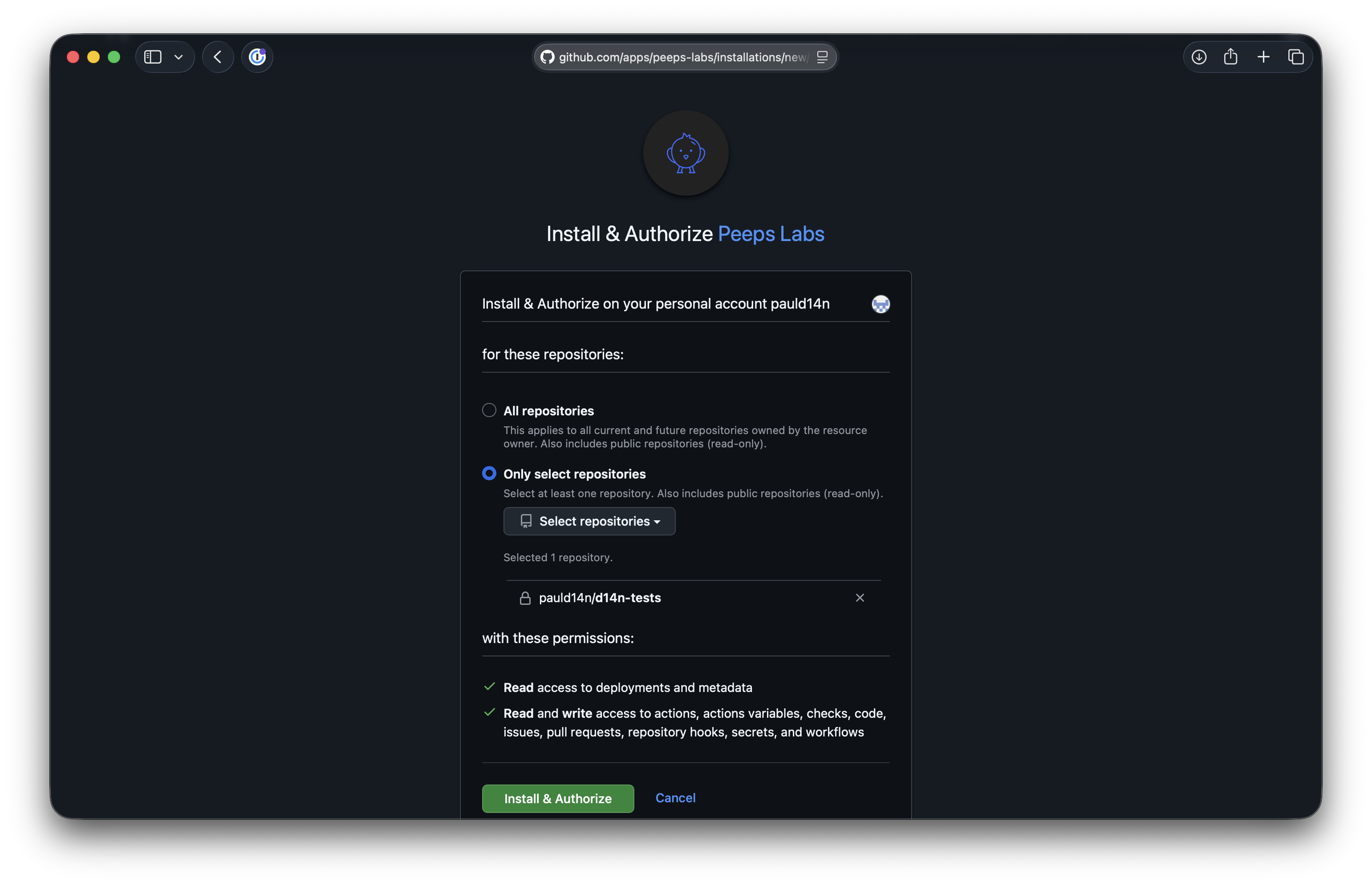 The Install & Authorize Peeps Labs page with one repository selected and the requested permissions listed