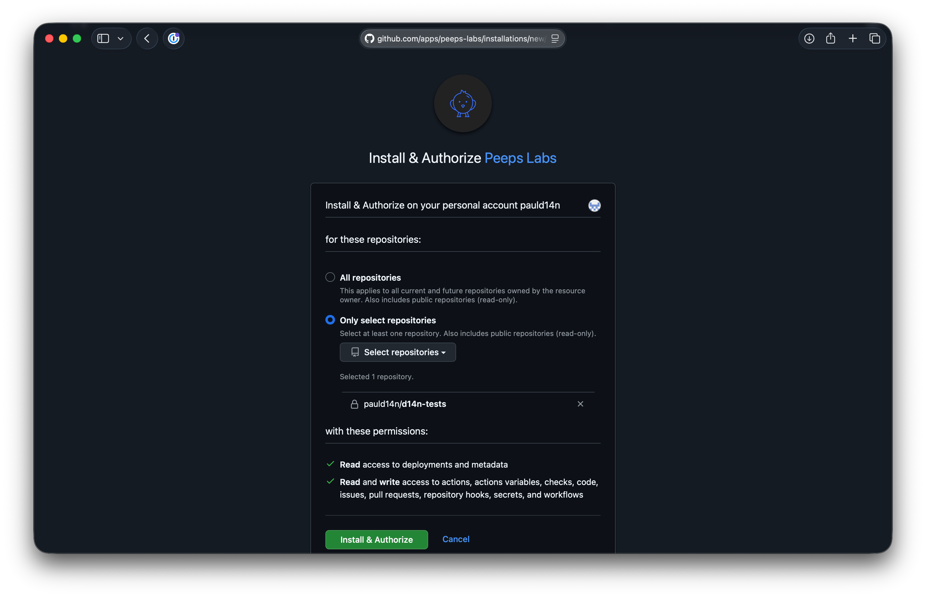 The Install & Authorize Peeps Labs page with one repository selected and the requested permissions listed