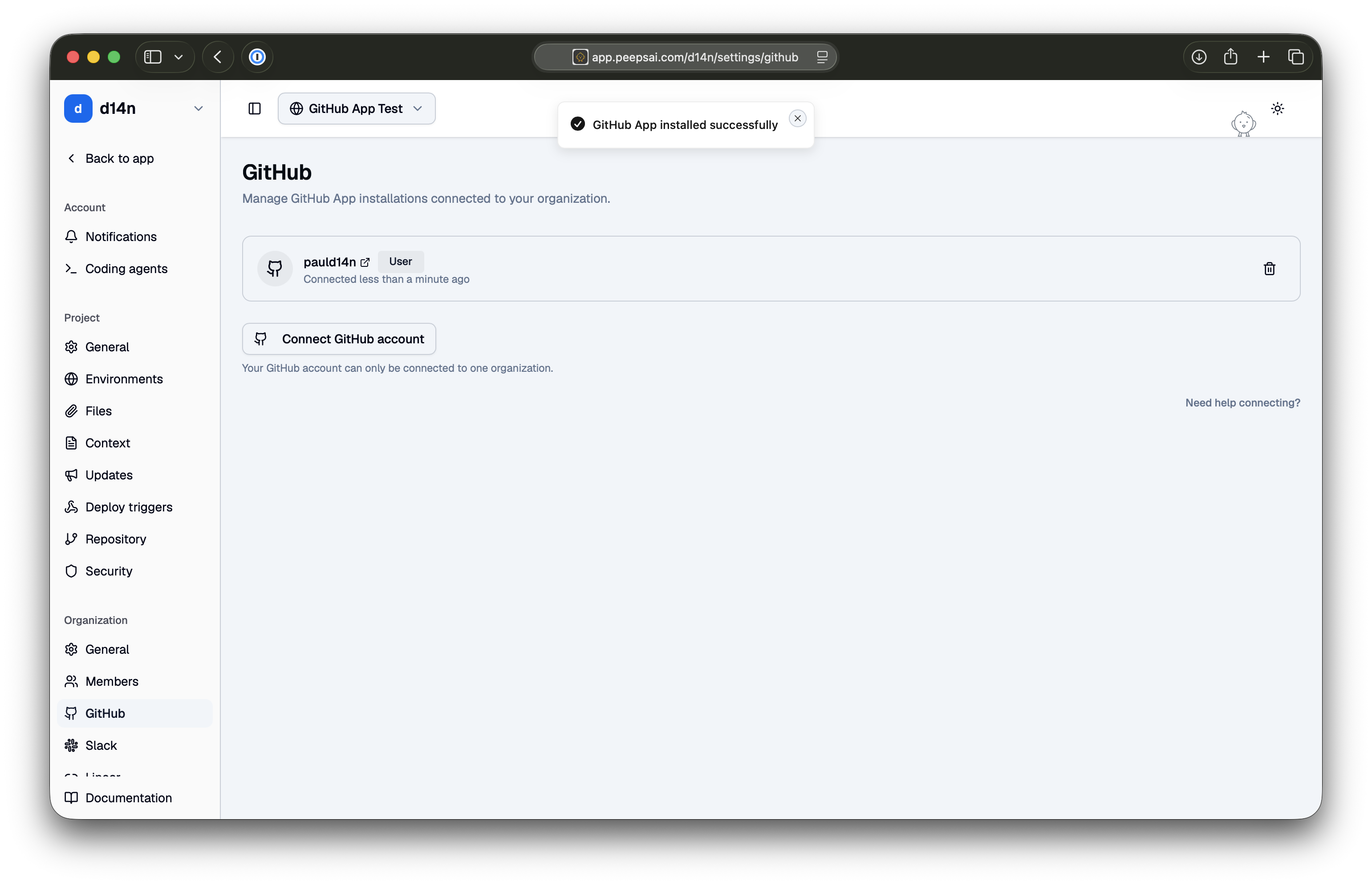 The Peeps GitHub settings page listing the connected GitHub account after a successful install