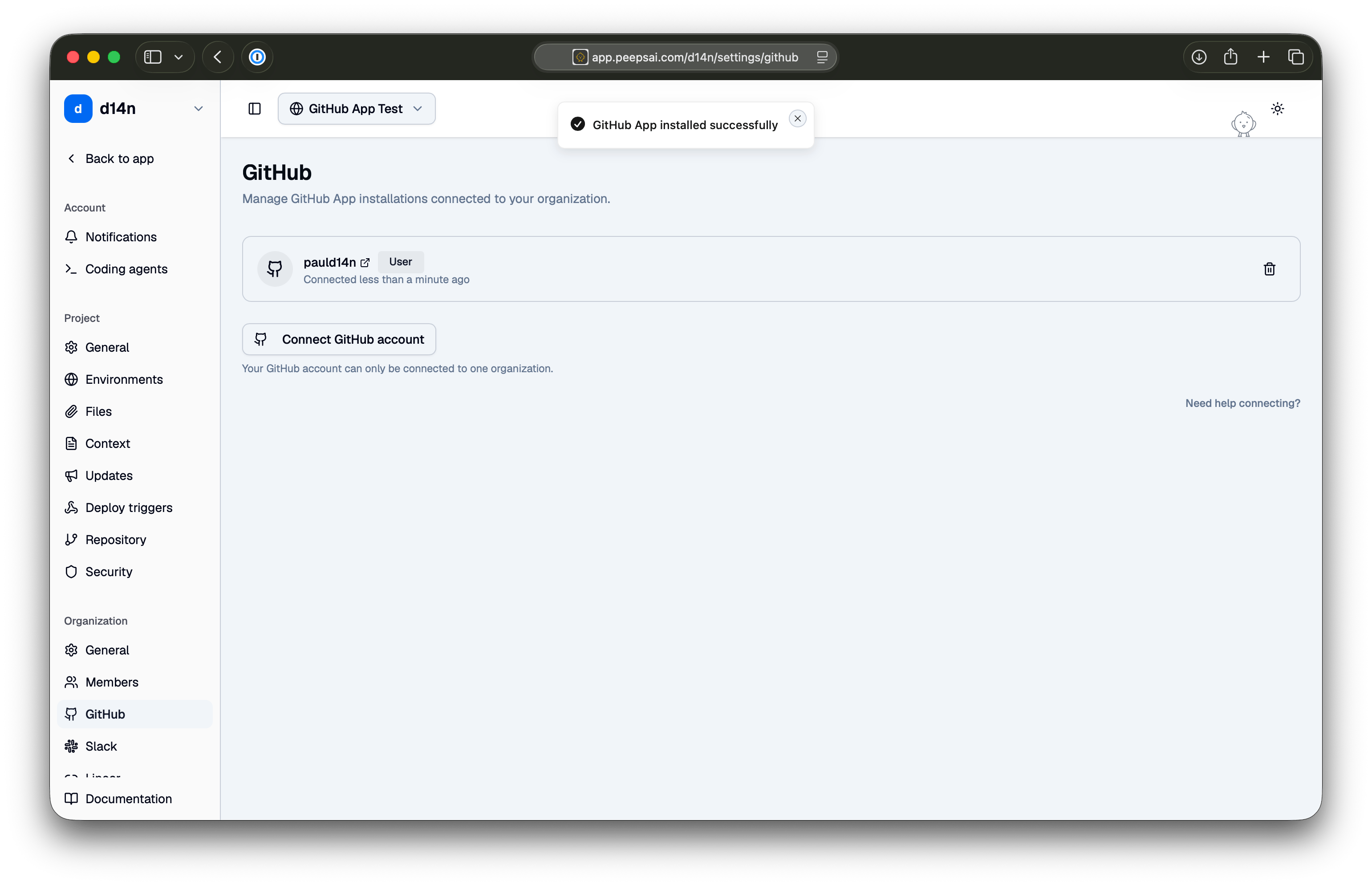 The Peeps GitHub settings page listing the connected GitHub account after a successful install