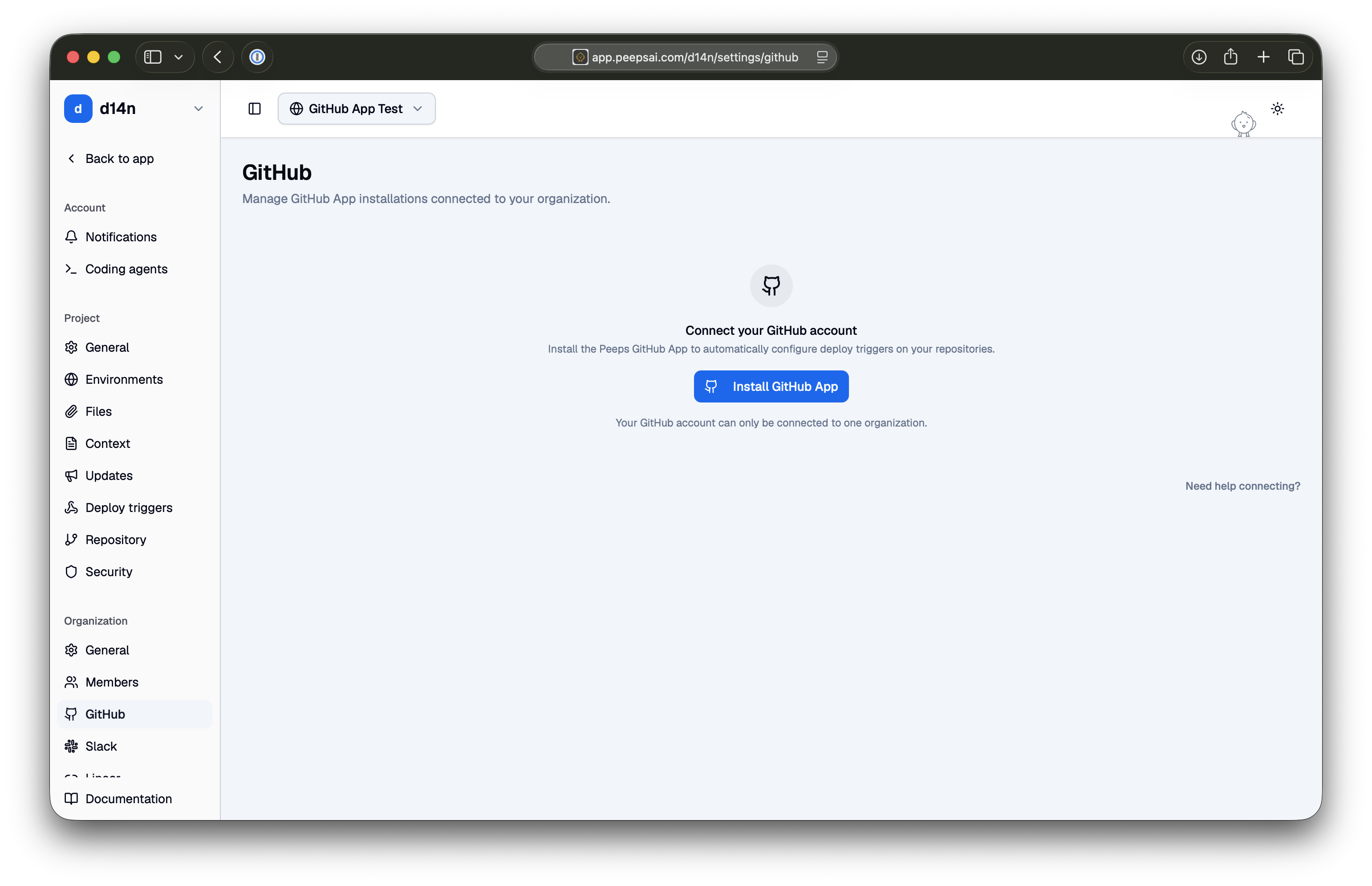 The GitHub page in Peeps organization settings, showing the Install GitHub App button