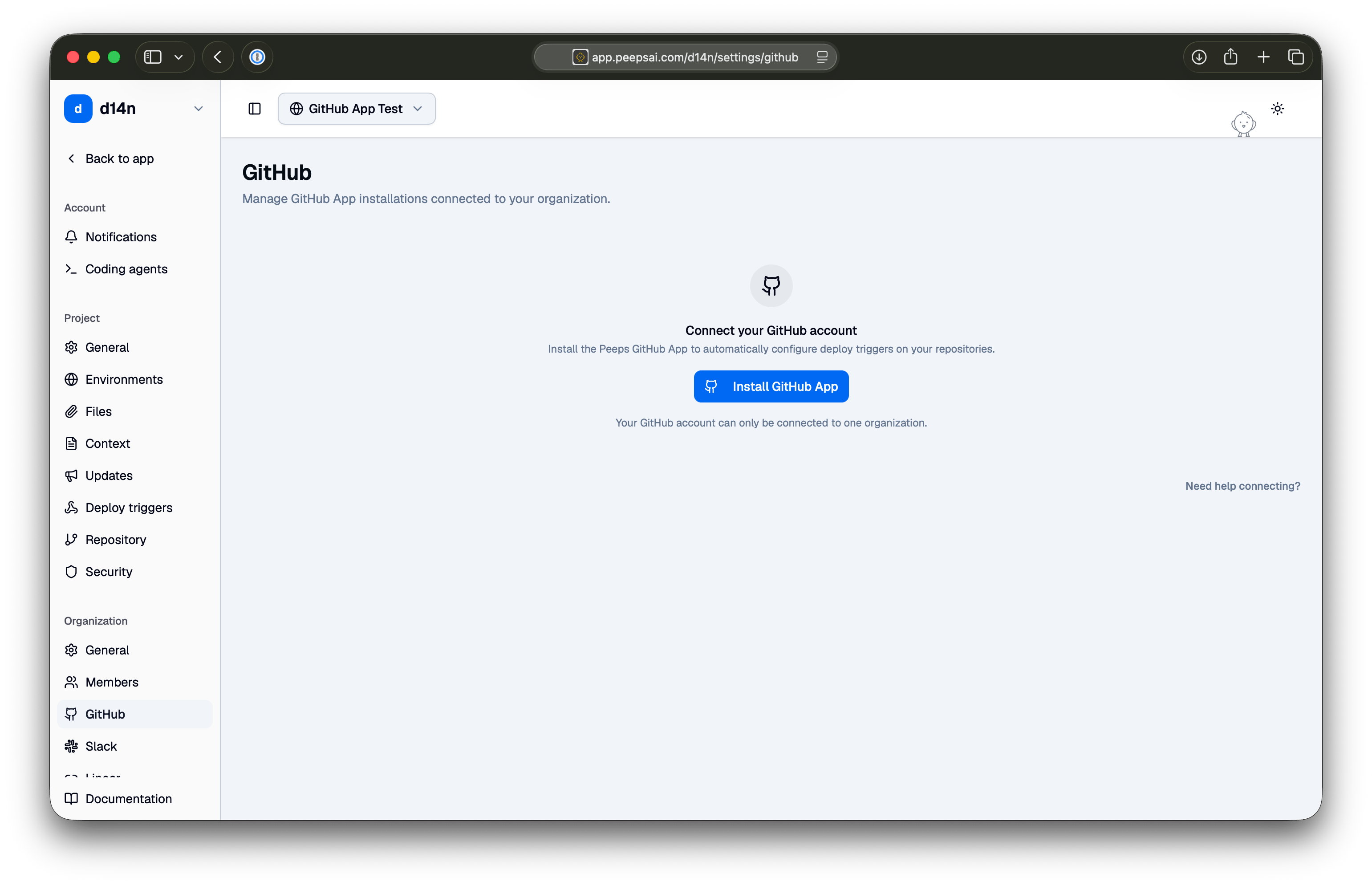 The GitHub page in Peeps organization settings, showing the Install GitHub App button