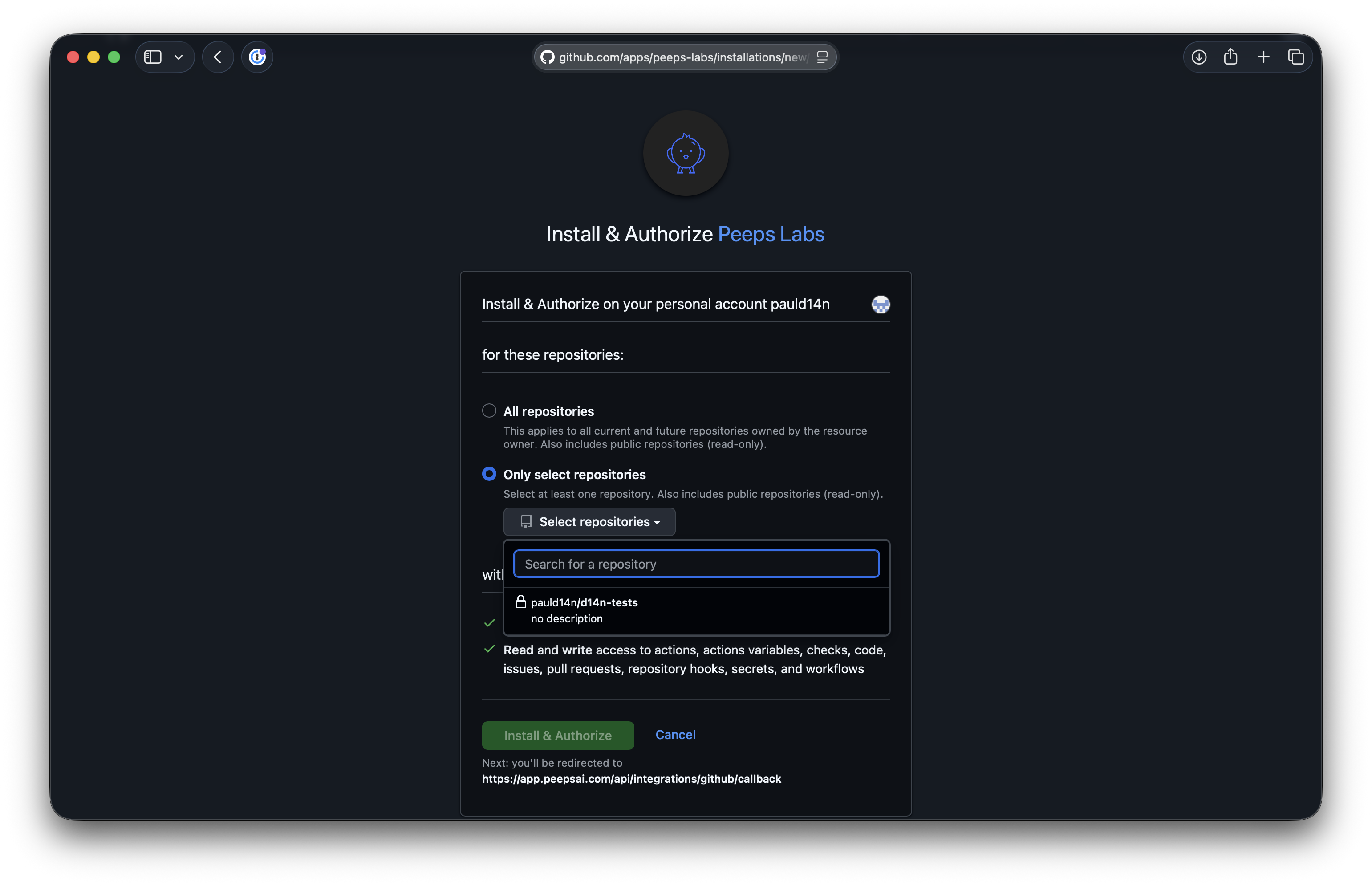 The Only select repositories option with the repository search open