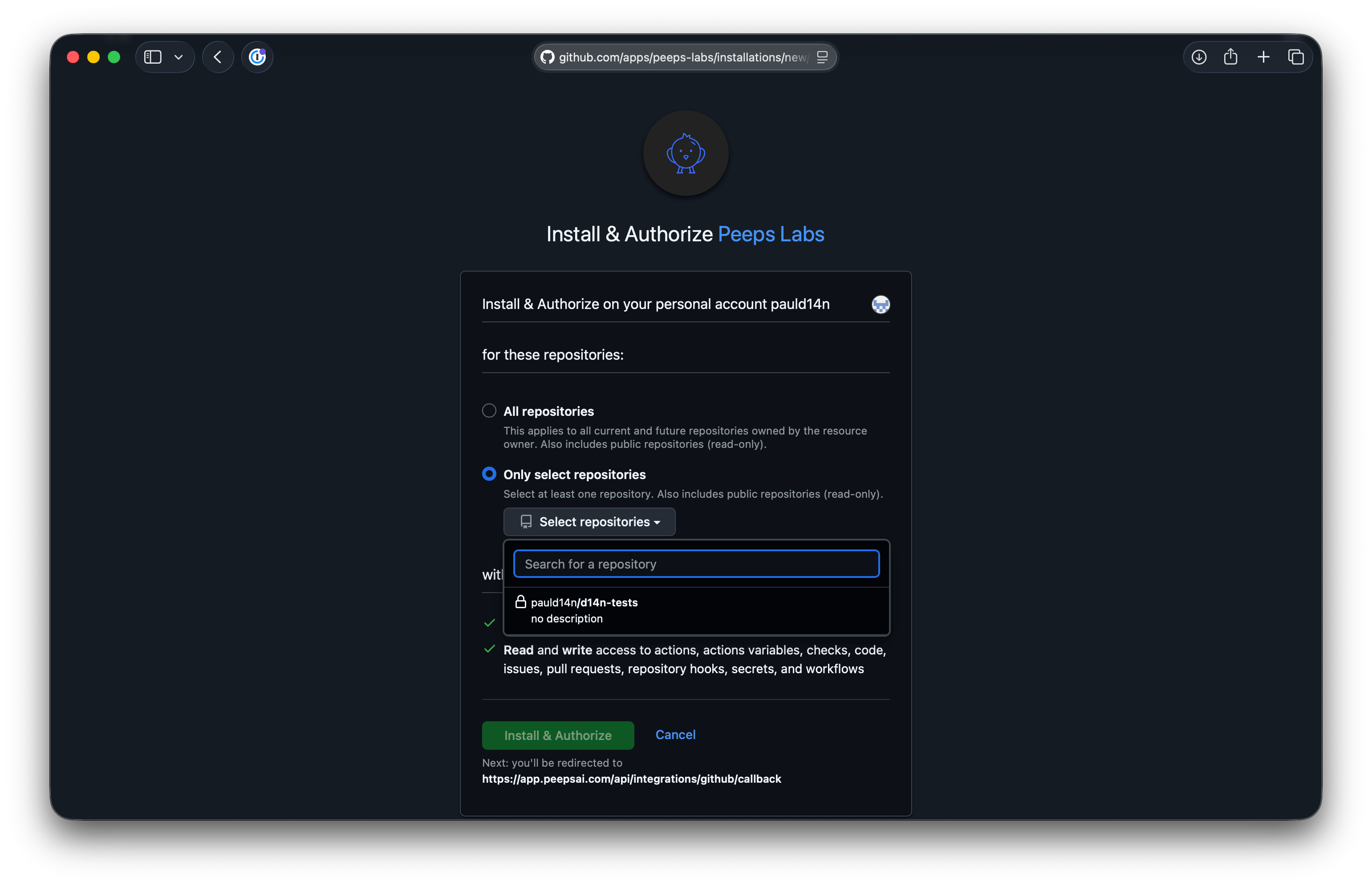 The Only select repositories option with the repository search open