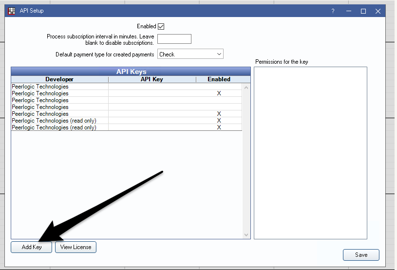 Open Dental API Setup window with the API Keys list and an arrow pointing to the Add Key button