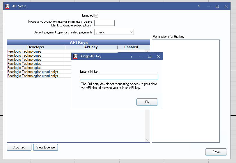 Open Dental Assign API Key dialog with an empty Enter API key field and the OK button