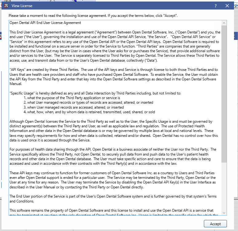 Open Dental API End User License Agreement window with the Accept button