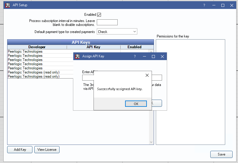 Open Dental Successfully assigned API key message over the Assign API Key dialog