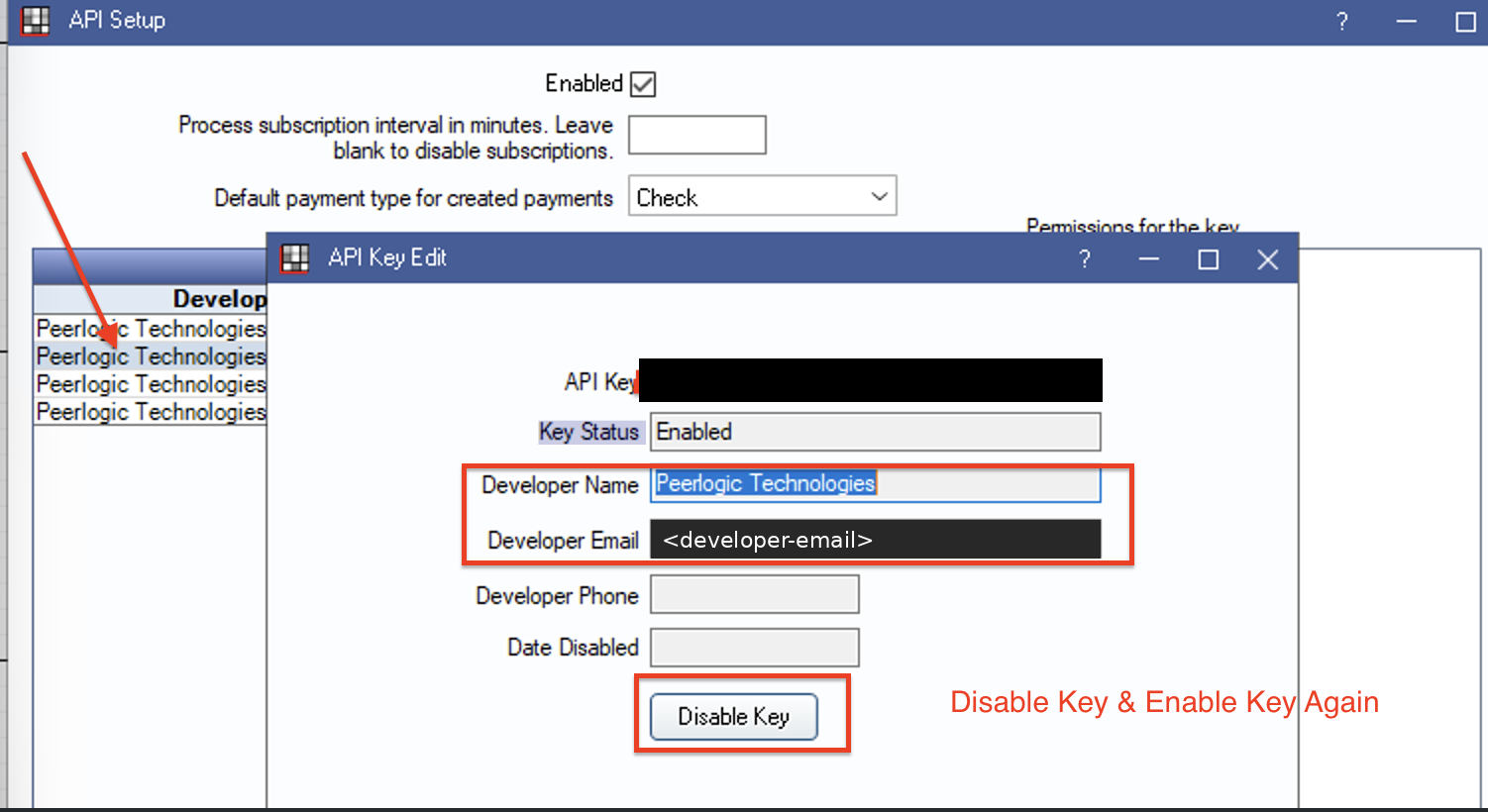 Open Dental API Key Edit window for a Peerlogic Technologies key, with the key value and developer email hidden and the Disable Key button highlighted