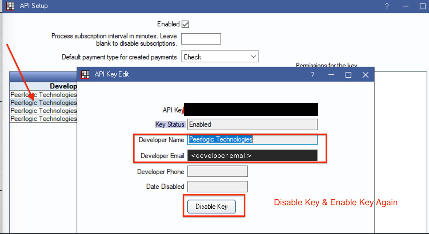 Open Dental API Key Edit window for a Peerlogic Technologies key, with the key value and developer email hidden and the Disable Key button highlighted