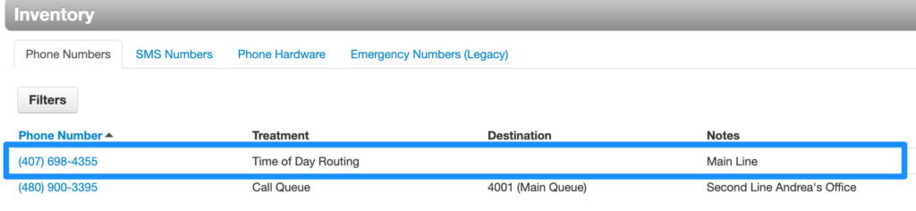 Inventory list with a phone number highlighted