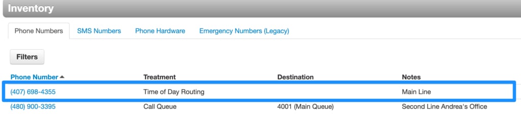 Inventory list with a phone number highlighted
