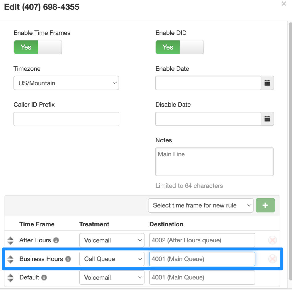 Phone number routing editor with the Business Hours time frame highlighted