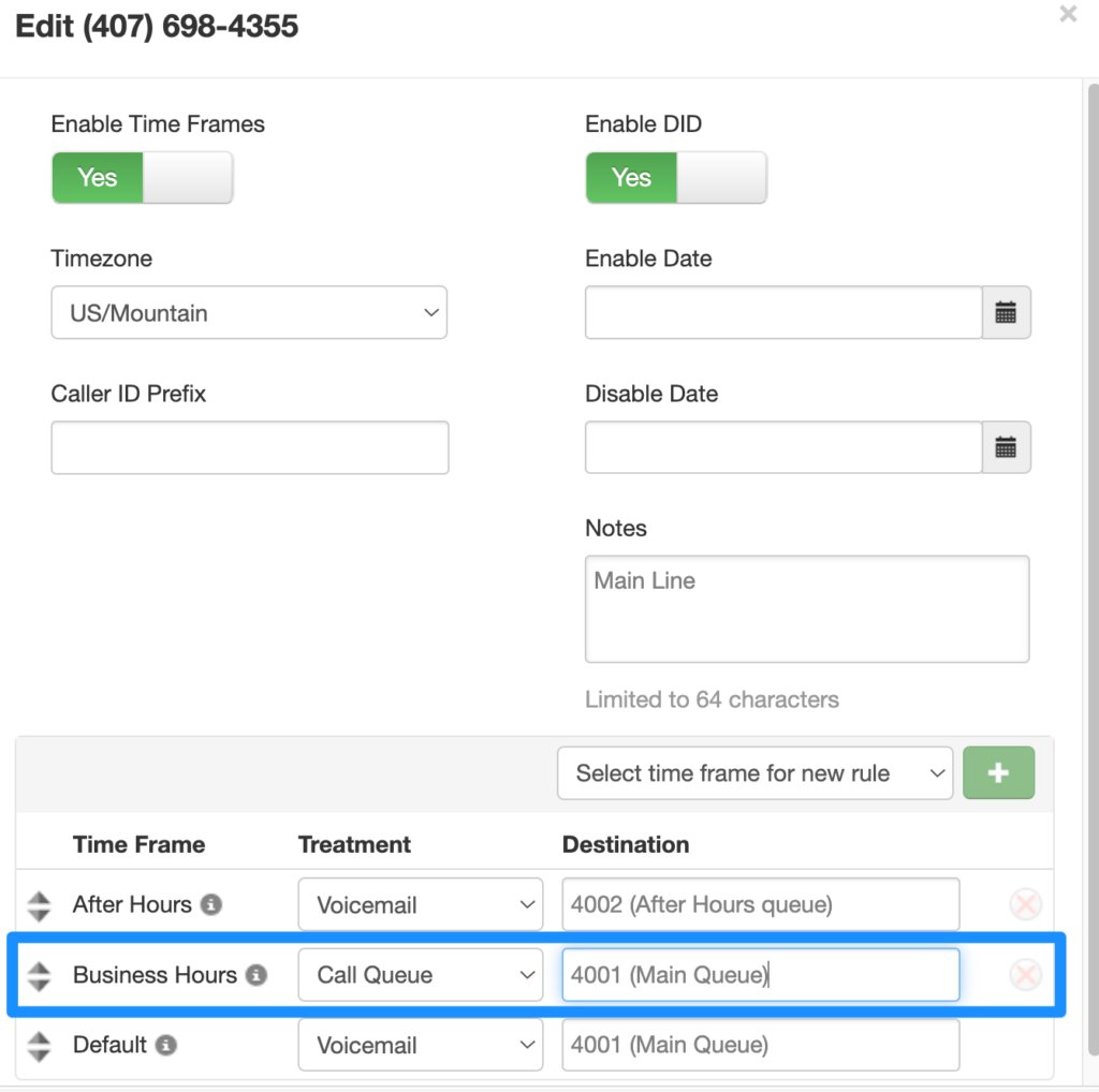 Phone number routing editor with the Business Hours time frame highlighted