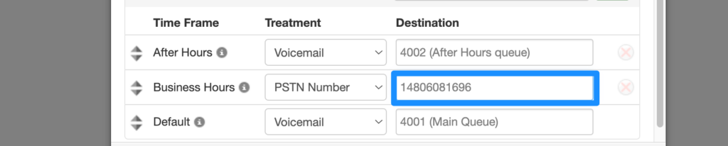 Destination field containing an external phone number with the 1 prefix