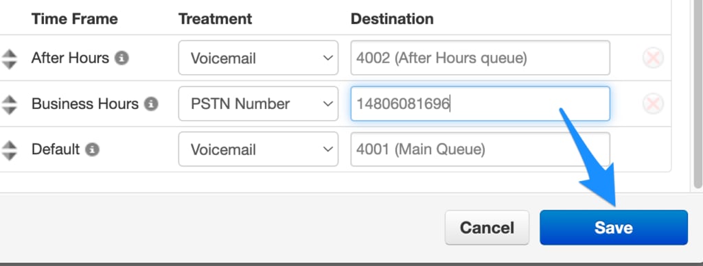 Save button beneath the updated time frame routing