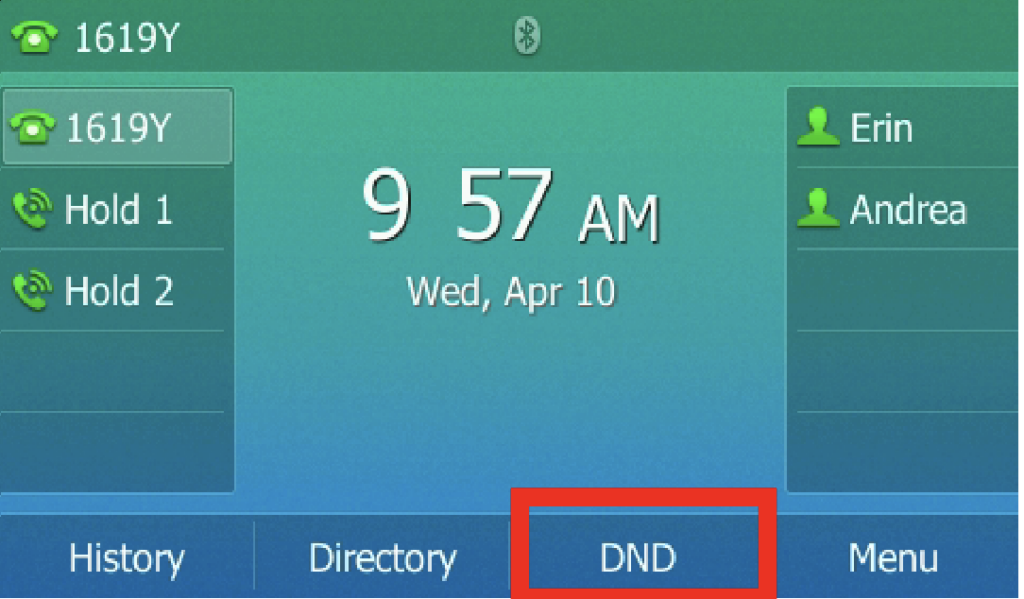 Peerlogic Voice desk phone idle screen with the DND button highlighted