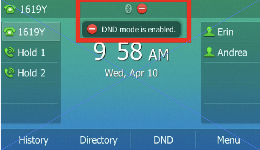 Peerlogic Voice desk phone showing the DND mode is enabled message