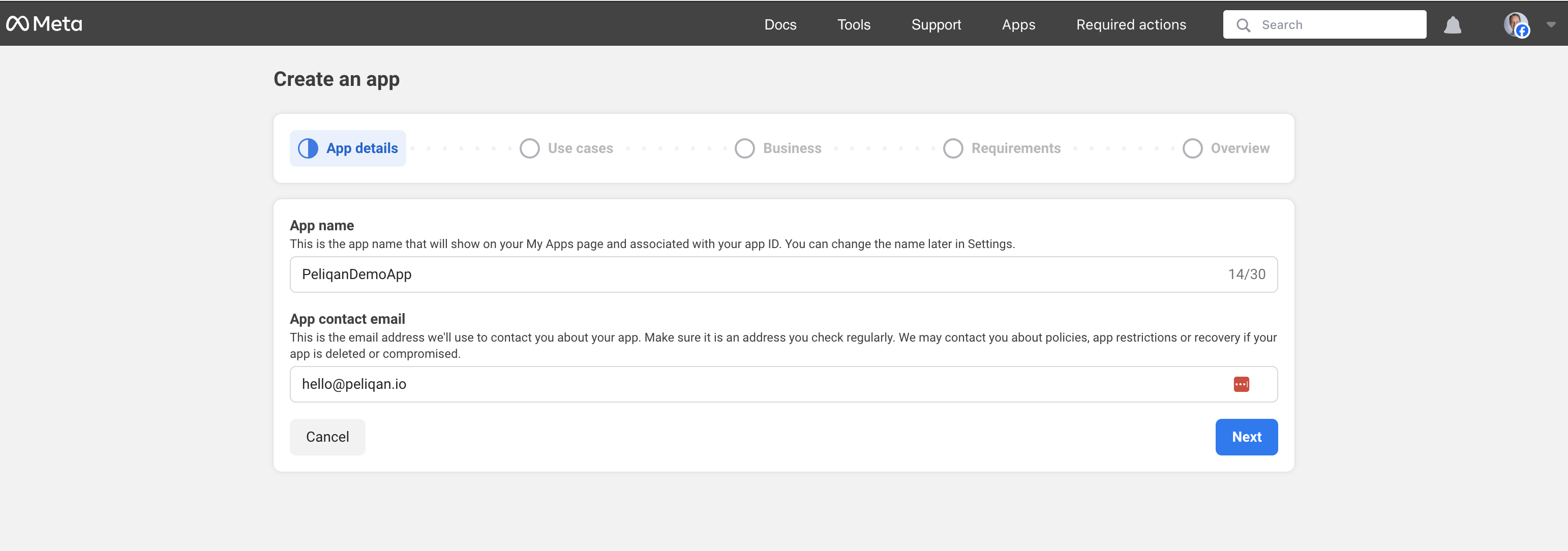 Meta app creation form